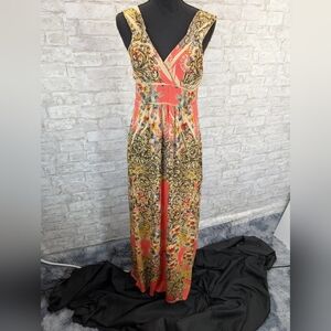 Coral Printed V-Neck Maxi Dress